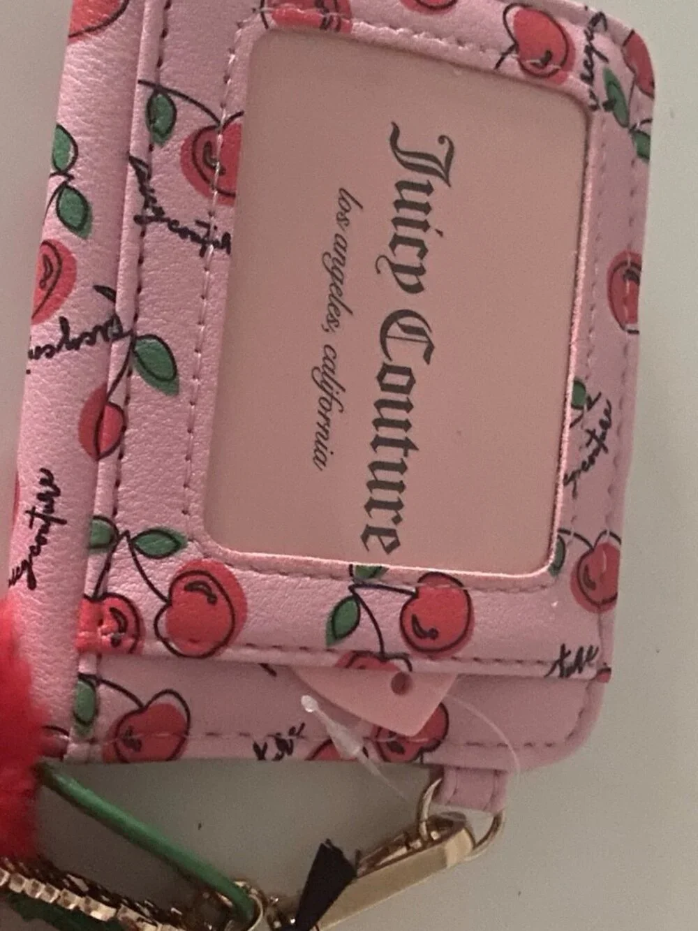 Juicy Couture Cherry Girl CC Wallet W/Back Window Flamingo  W/Charm Pom Pom NEW